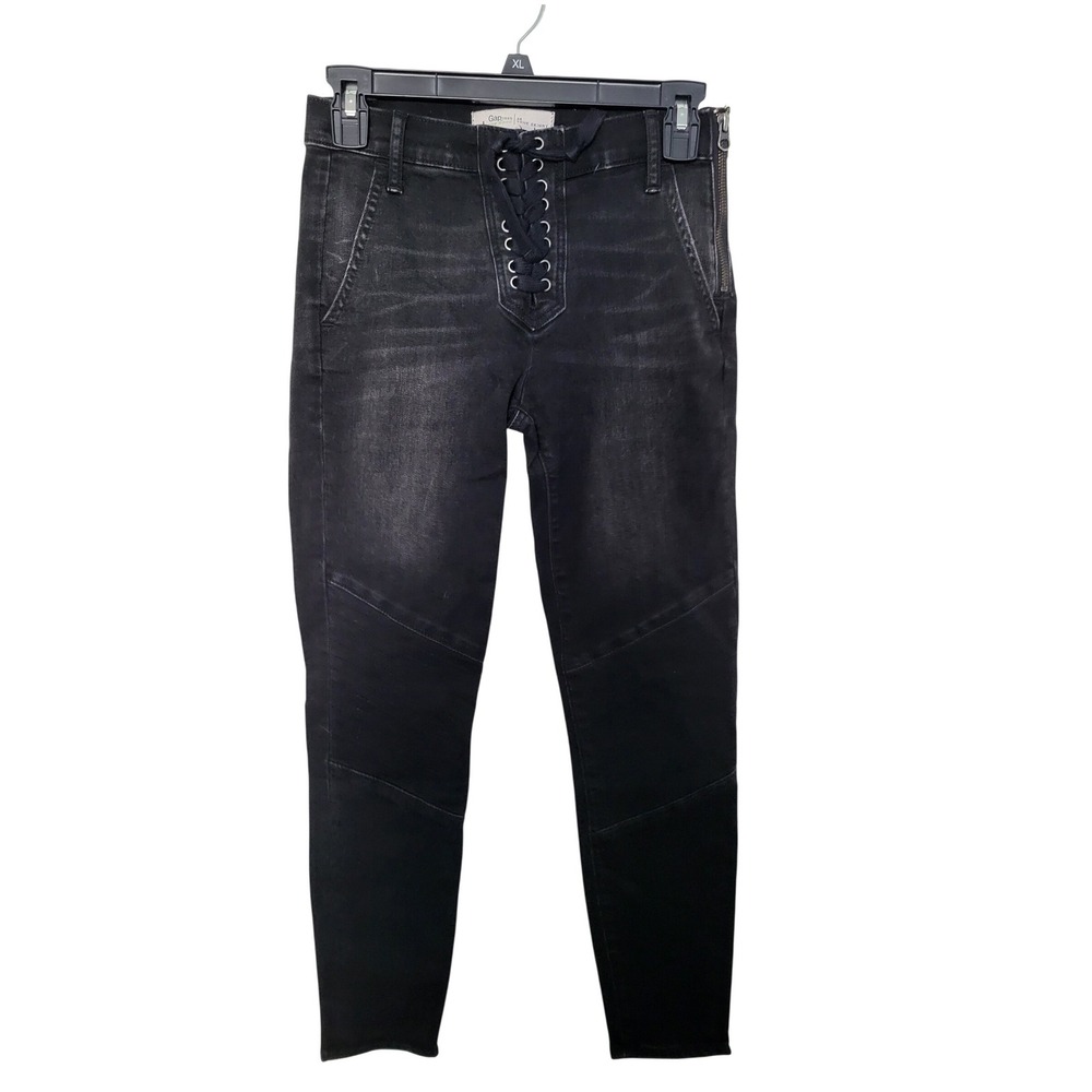 Gap True Skinny Jeans Women 26 Black Moto Lace Up Side Zip Faded Denim Pants